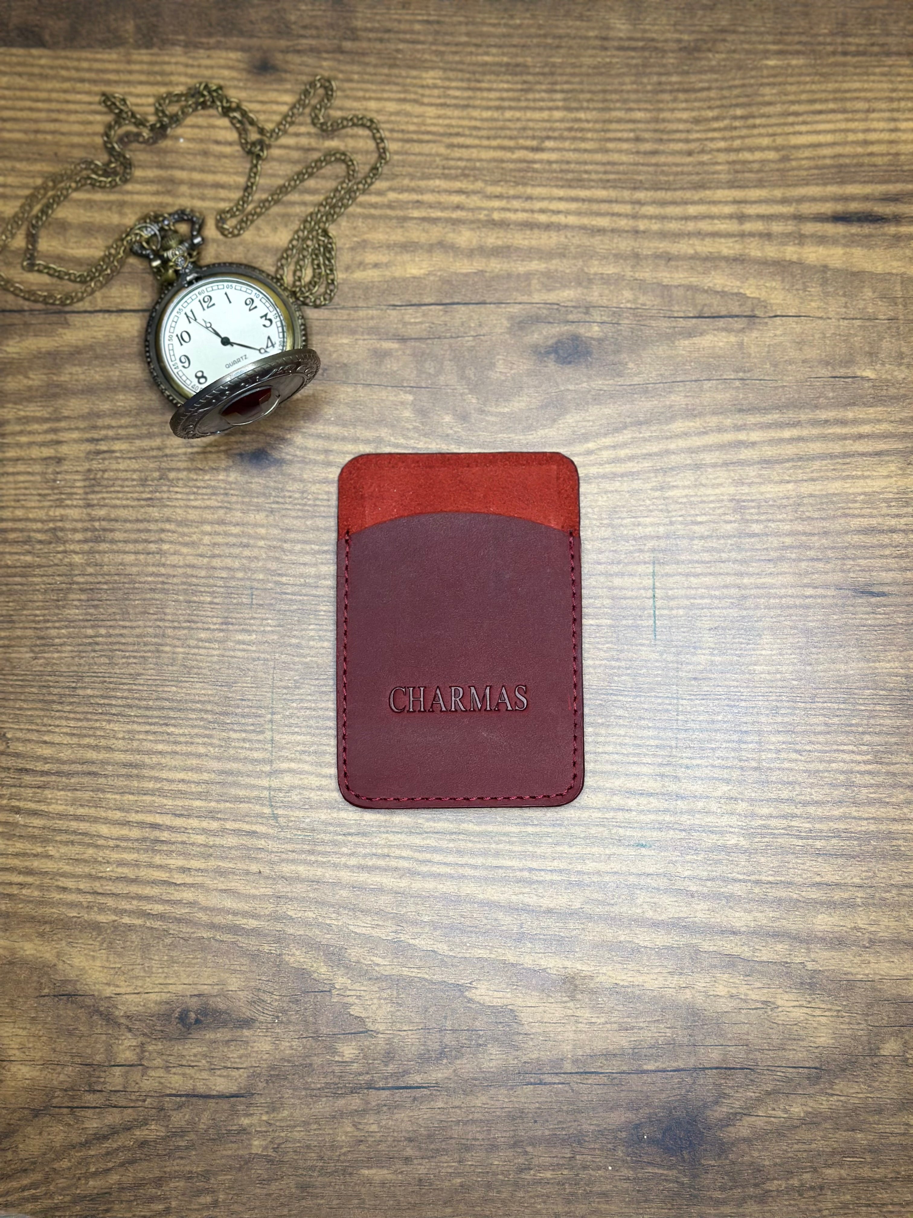 CHARMAS card holder detail showing premium leather quality