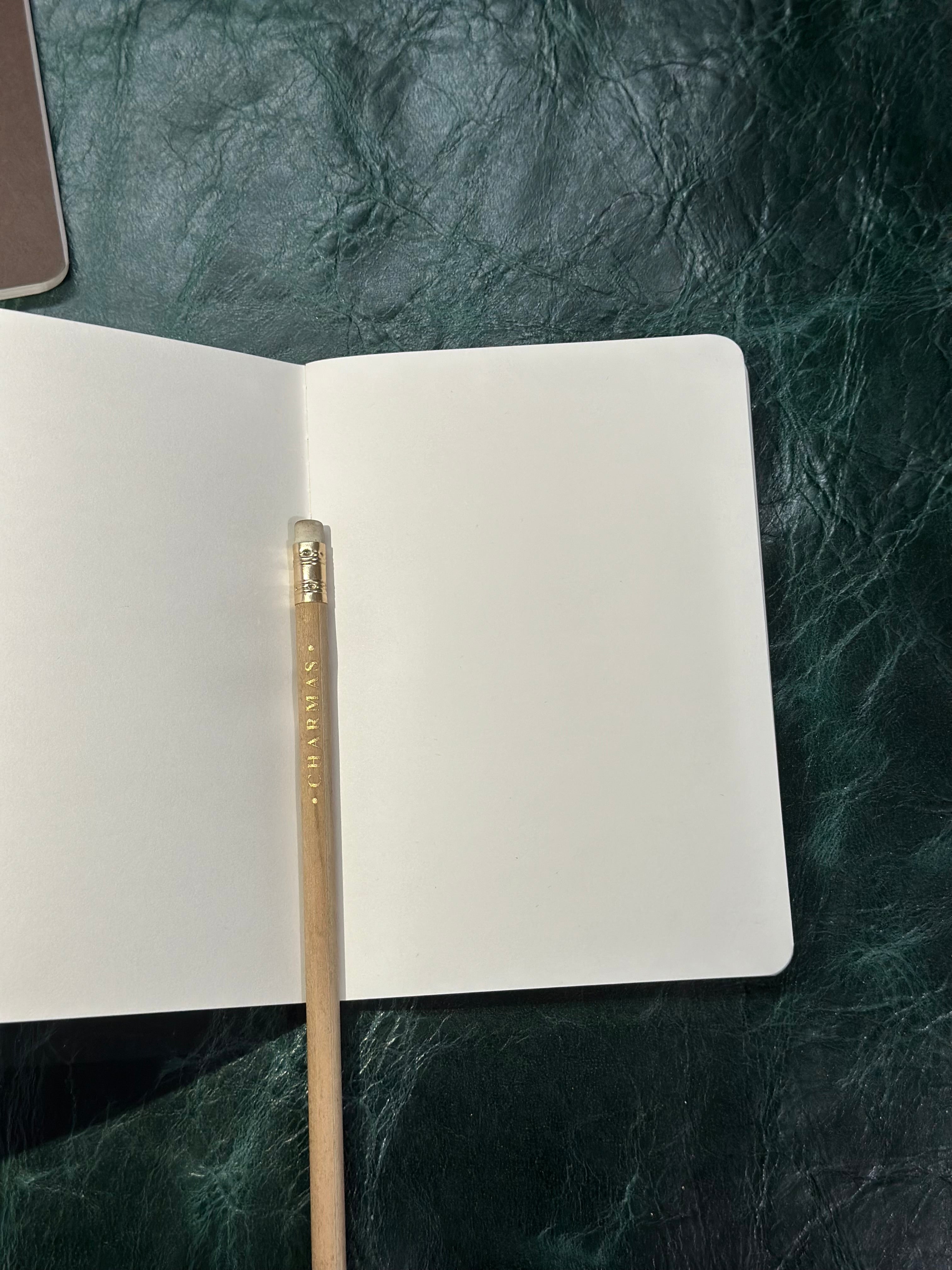 Open notebook with a pen on a dark textured surface