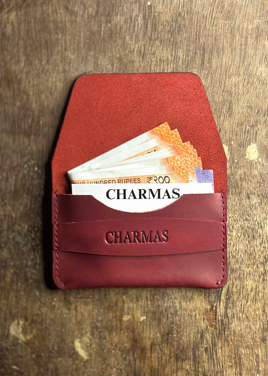 CHARMAS cherry red wallet detail shot